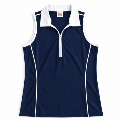 Navy and white golf polo laid flat on white background