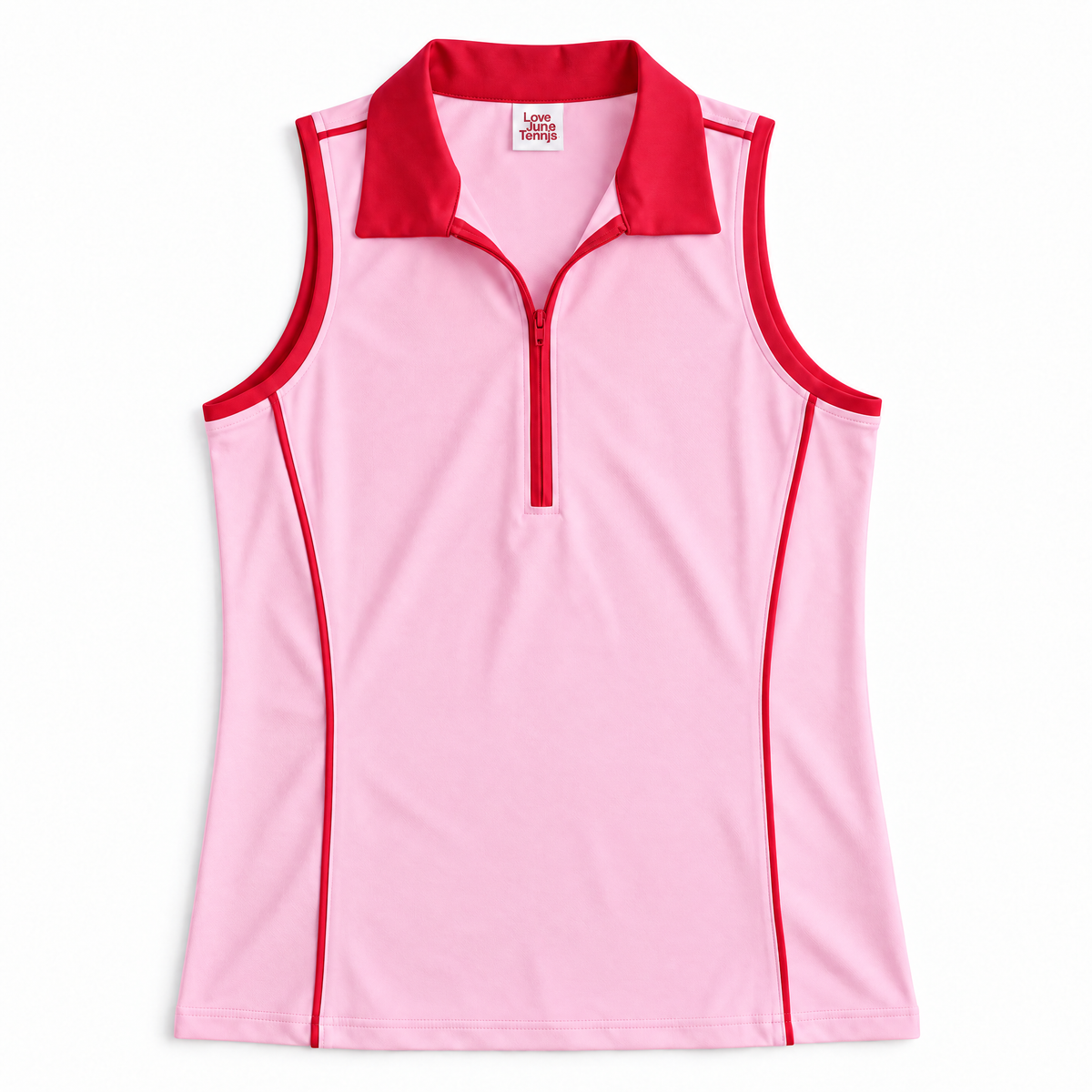 A sleeveless pink athletic polo with a red collar, red zipper, and red piping details, shown flat against a white background.