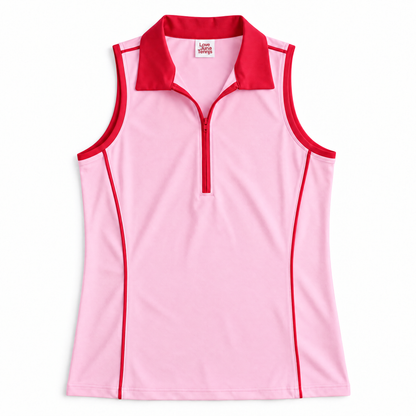 A sleeveless pink athletic polo with a red collar, red zipper, and red piping details, shown flat against a white background.