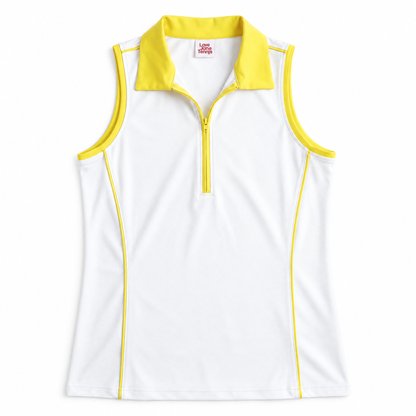 A sleeveless white athletic polo with a yellow collar, yellow zipper placket, and yellow piping details, shown flat against a white background.