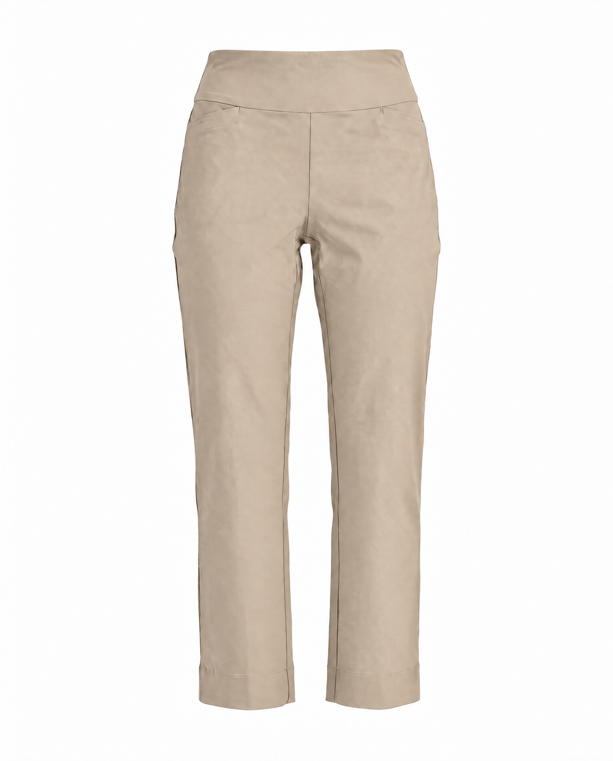 A pair of straight-leg cropped pants in a light beige suede-like fabric, shown against a plain white background.