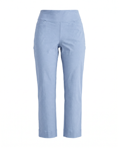 Light blue cropped trousers with a wide waistband, displayed on a clean white background.