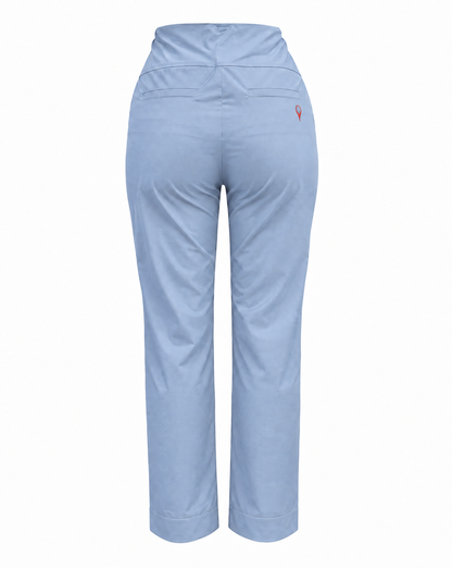 Light blue cropped pants shown from the back, featuring a high waistband, two rear patch pockets, and a small red logo on the upper right side.