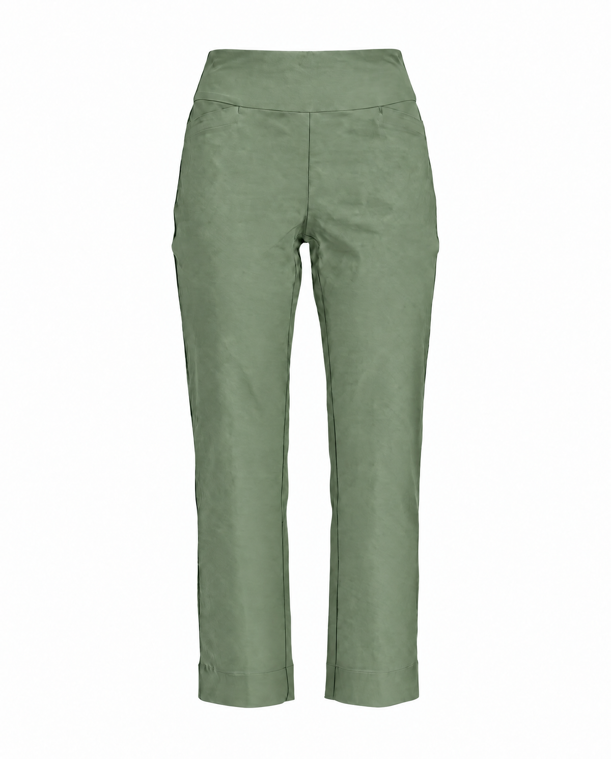 A pair of sage green cropped trousers shown flat against a solid white background.