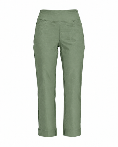 A pair of sage green cropped trousers shown flat against a solid white background.
