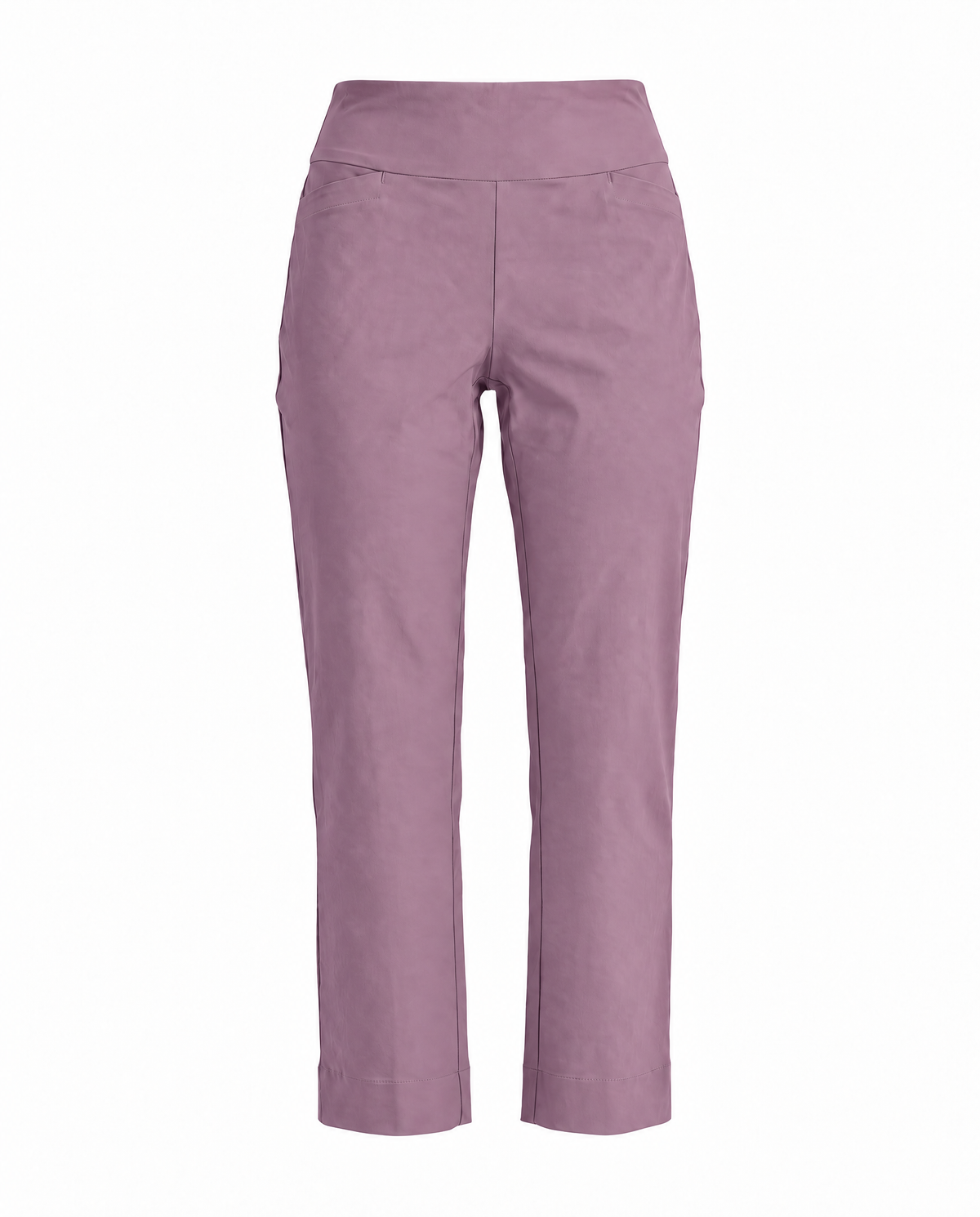 A pair of high-waisted, straight-leg cropped pants in a dusty mauve or lilac color, shown against a plain white background.
