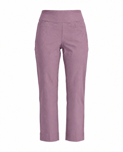 A pair of high-waisted, straight-leg cropped pants in a dusty mauve or lilac color, shown against a plain white background.