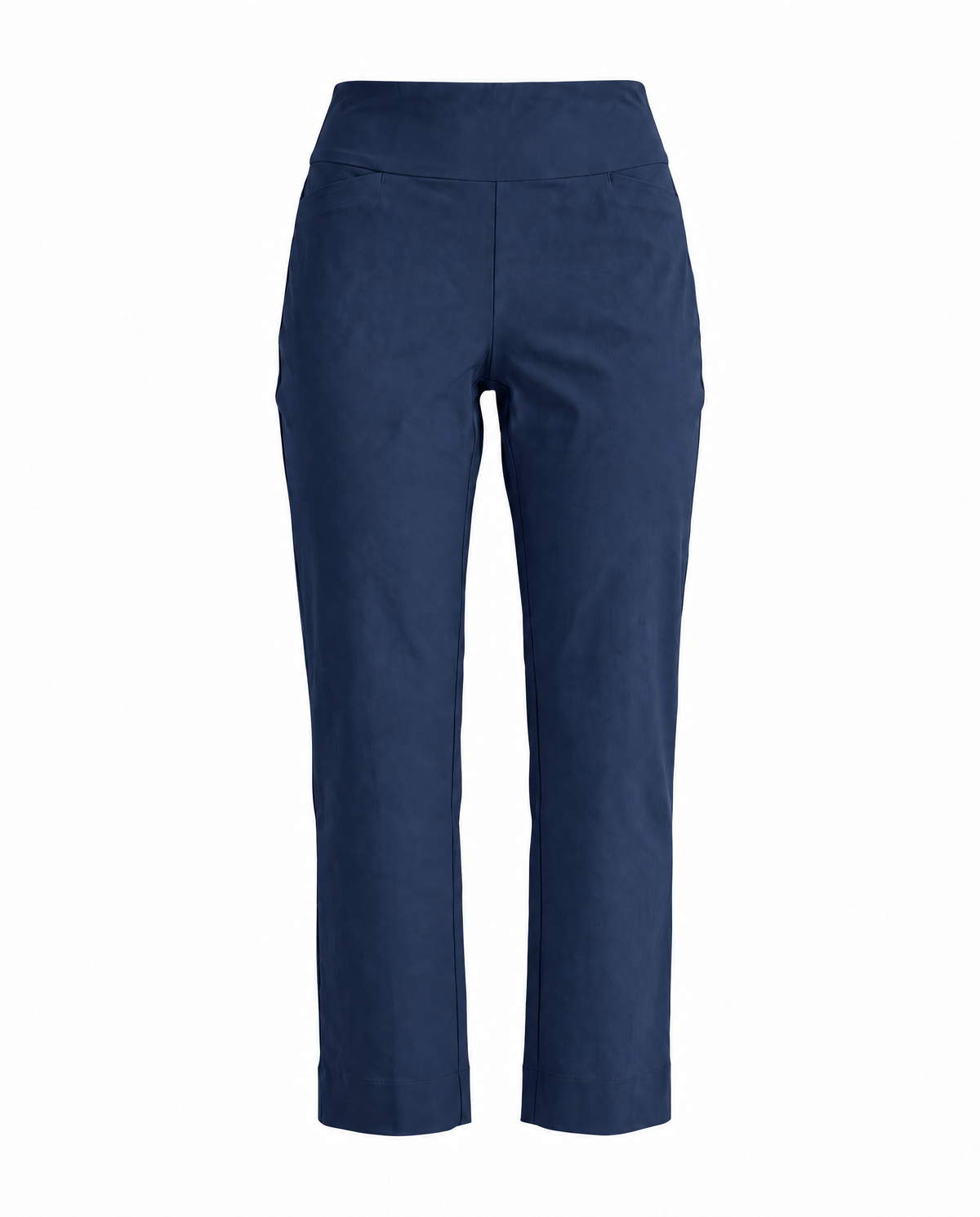 A pair of navy blue cropped pants shown on a plain white background.