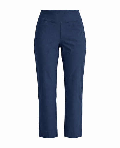 A pair of navy blue cropped pants shown on a plain white background.