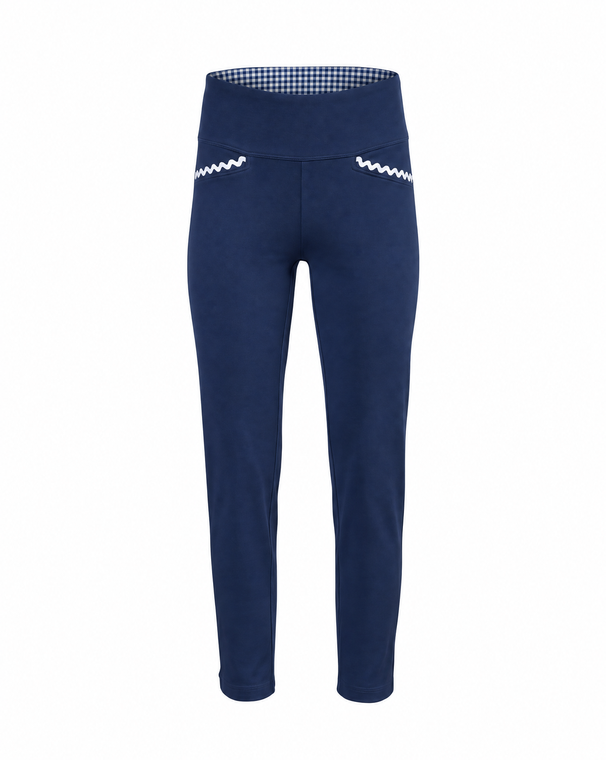 A pair of navy blue cropped pants with a wide waistband, featuring a blue and white gingham pattern lining inside the waistband and white zigzag embroidered details on the front of each leg.