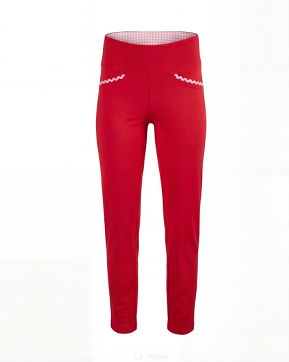 Red pants with pink accents on a white background