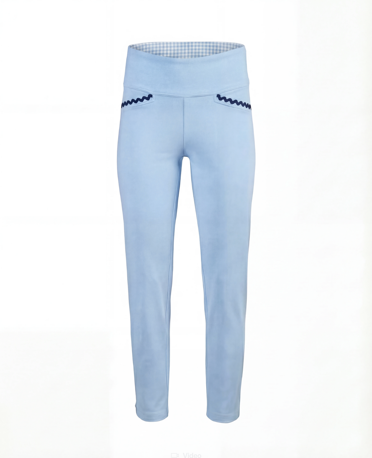 Light blue leggings with navy accents on a white background