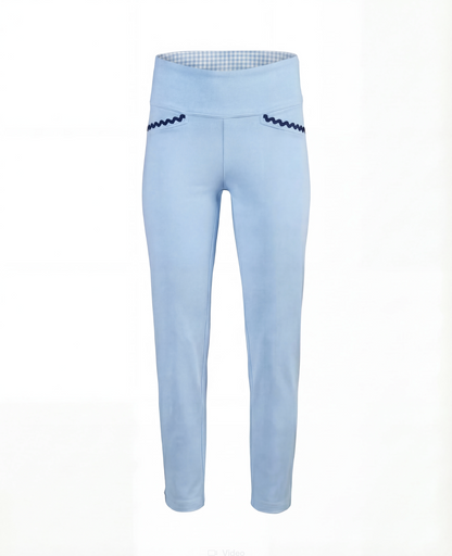 Light blue leggings with navy accents on a white background