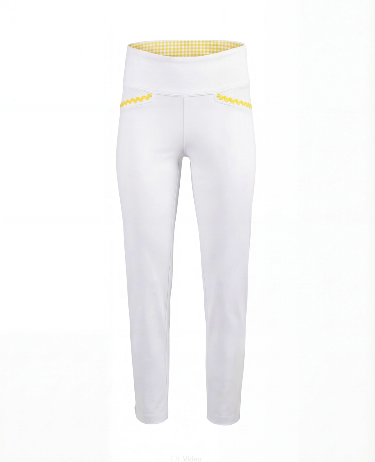White pants with yellow detailing on flat white background