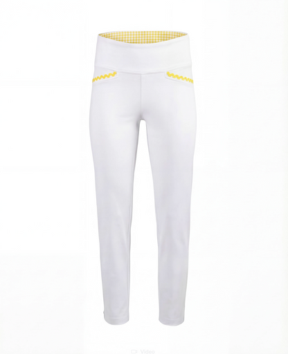 White pants with yellow detailing on flat white background