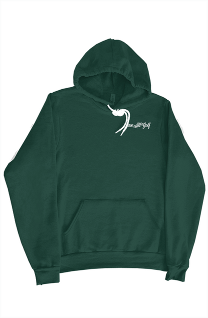 Green hoodie with white designs on a white background