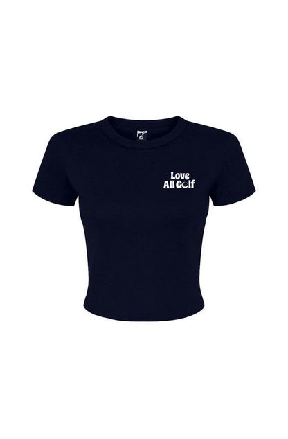 Navy tee with "Love All Golf" on the chest on a flat white background