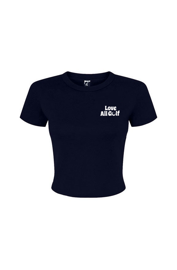 Navy tee with "Love All Golf" on the chest on a flat white background