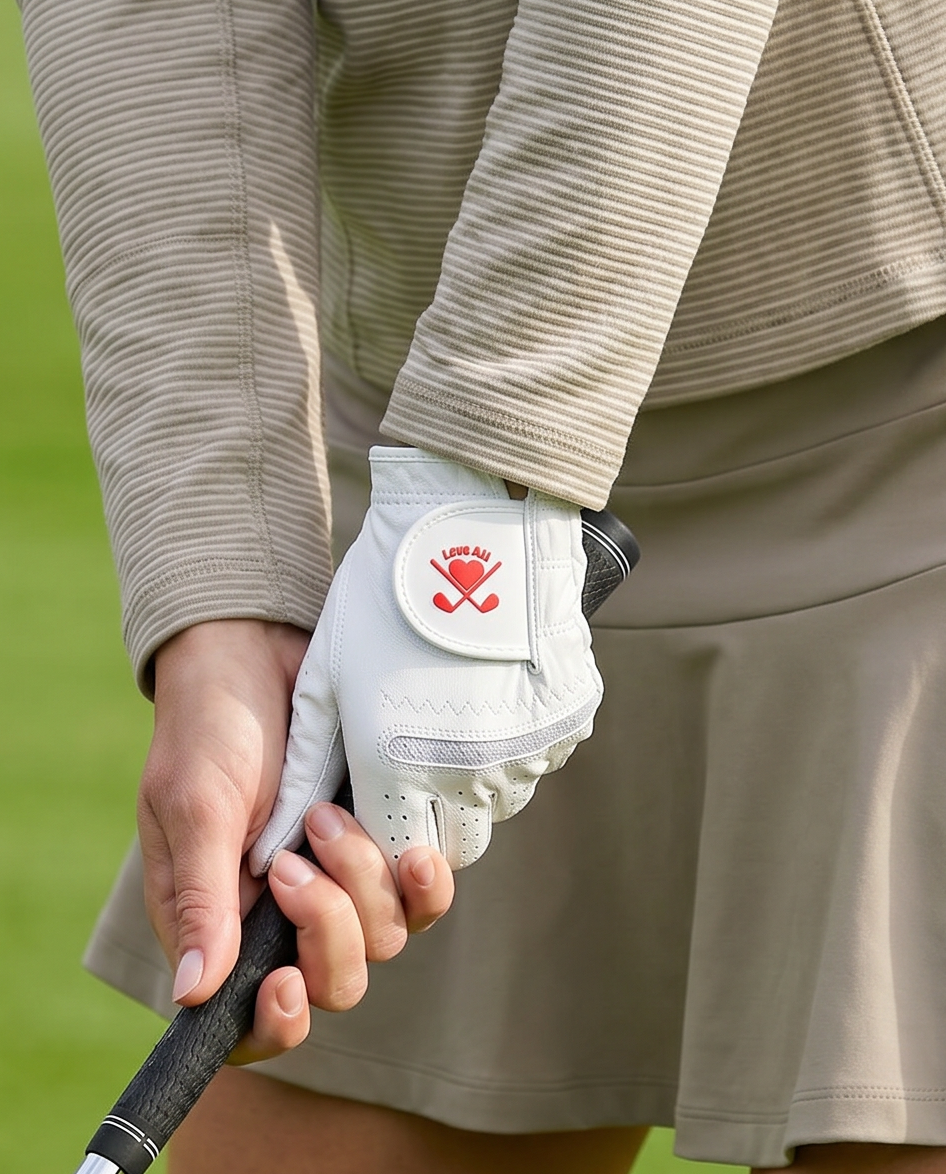 Person holding a golf club with a white glove featuring a red logo on a blurred green background