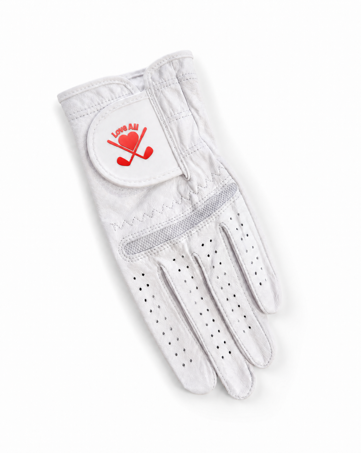 White golf glove with a red logo on a white background