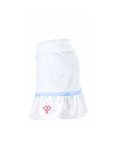 White skirt with blue trim and red heart design on a white background
