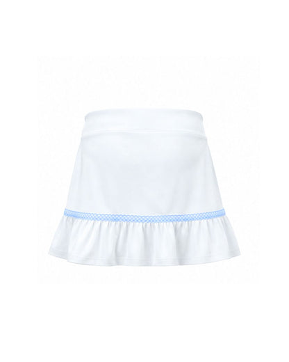 White skirt with a light blue trim on a white background