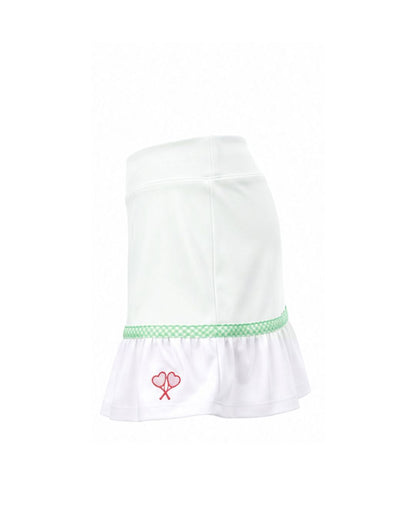 White skirt with green trim and red logo on a white background