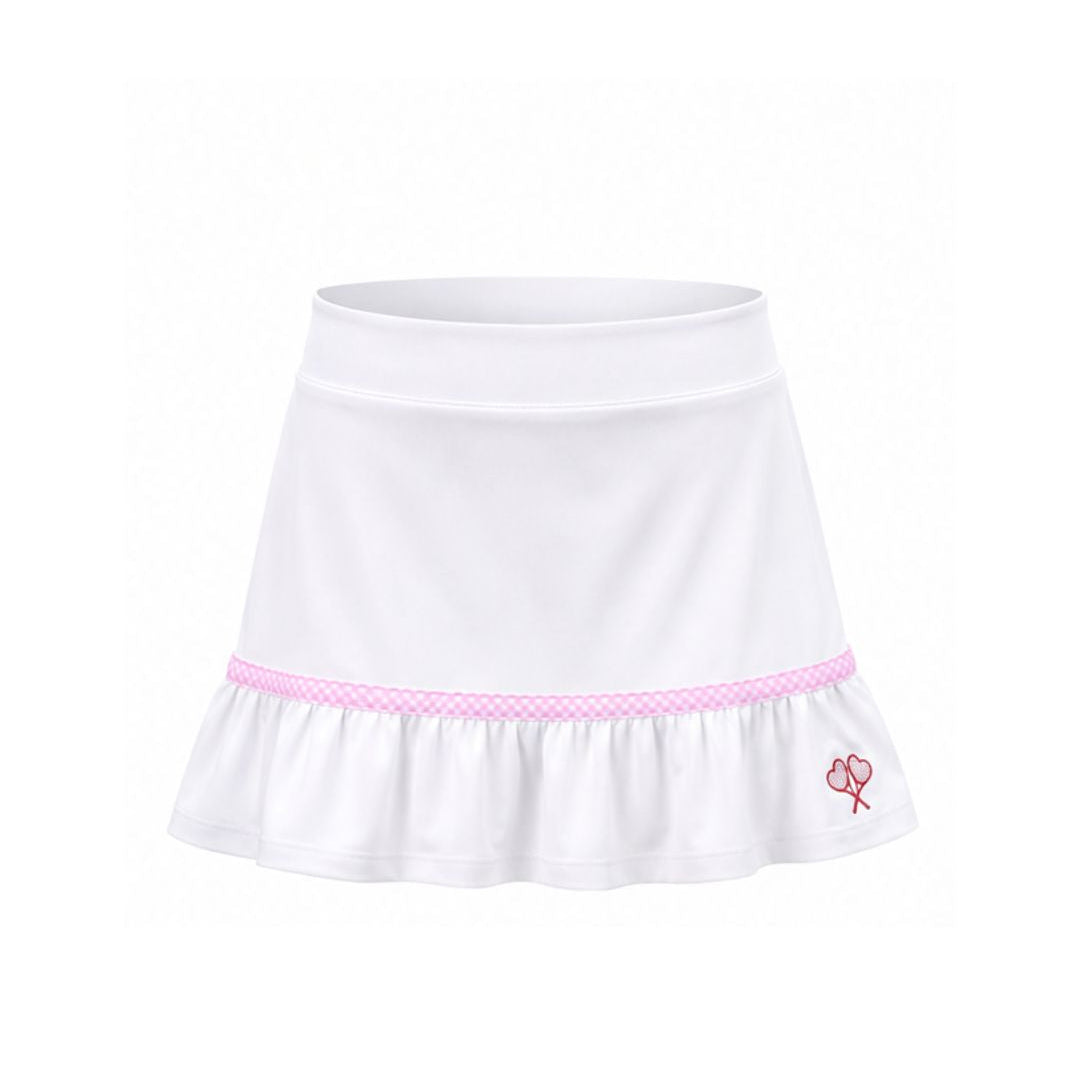 White skirt with pink trim on a white background