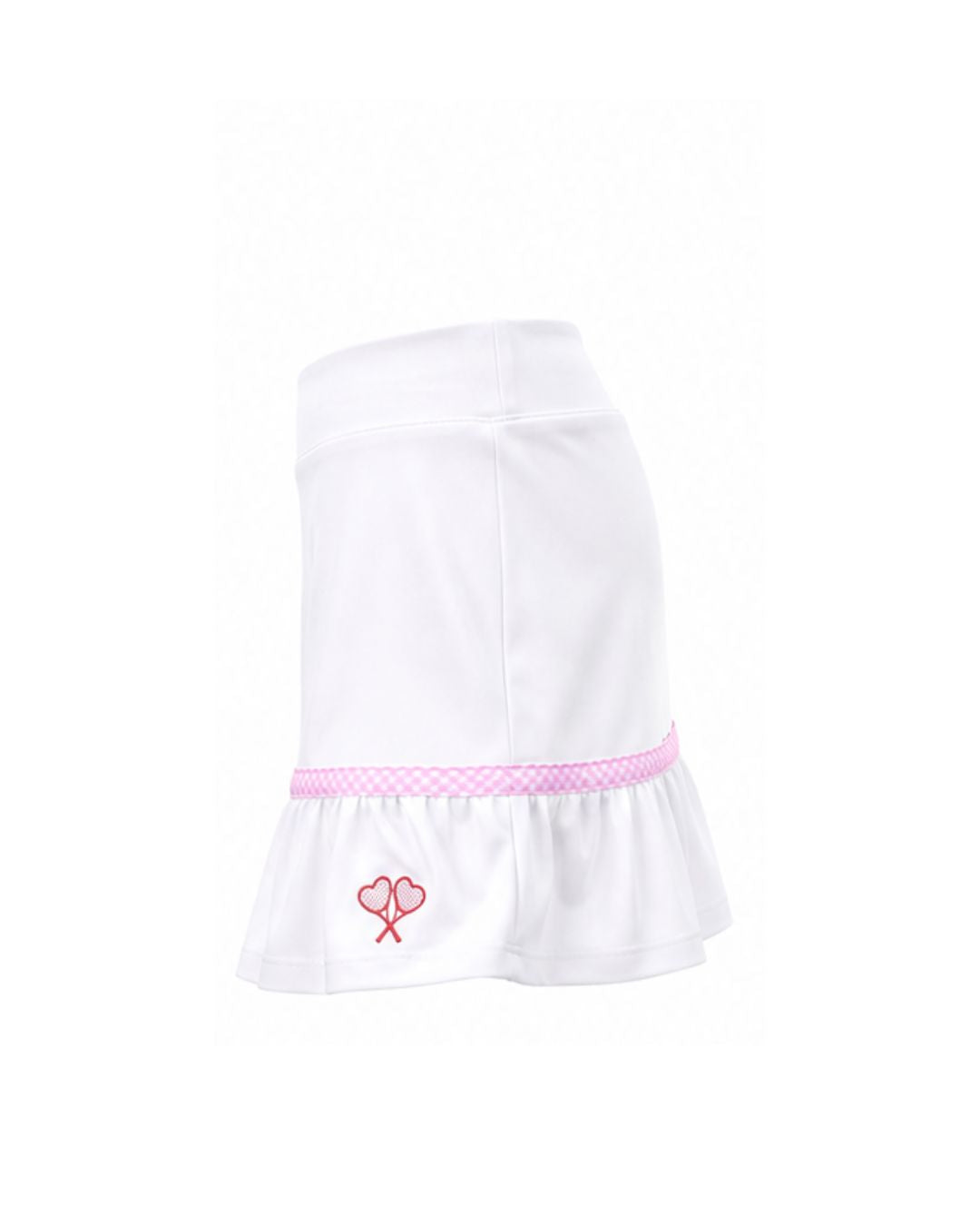 White skirt with pink gingham detail and red logo on flat white background