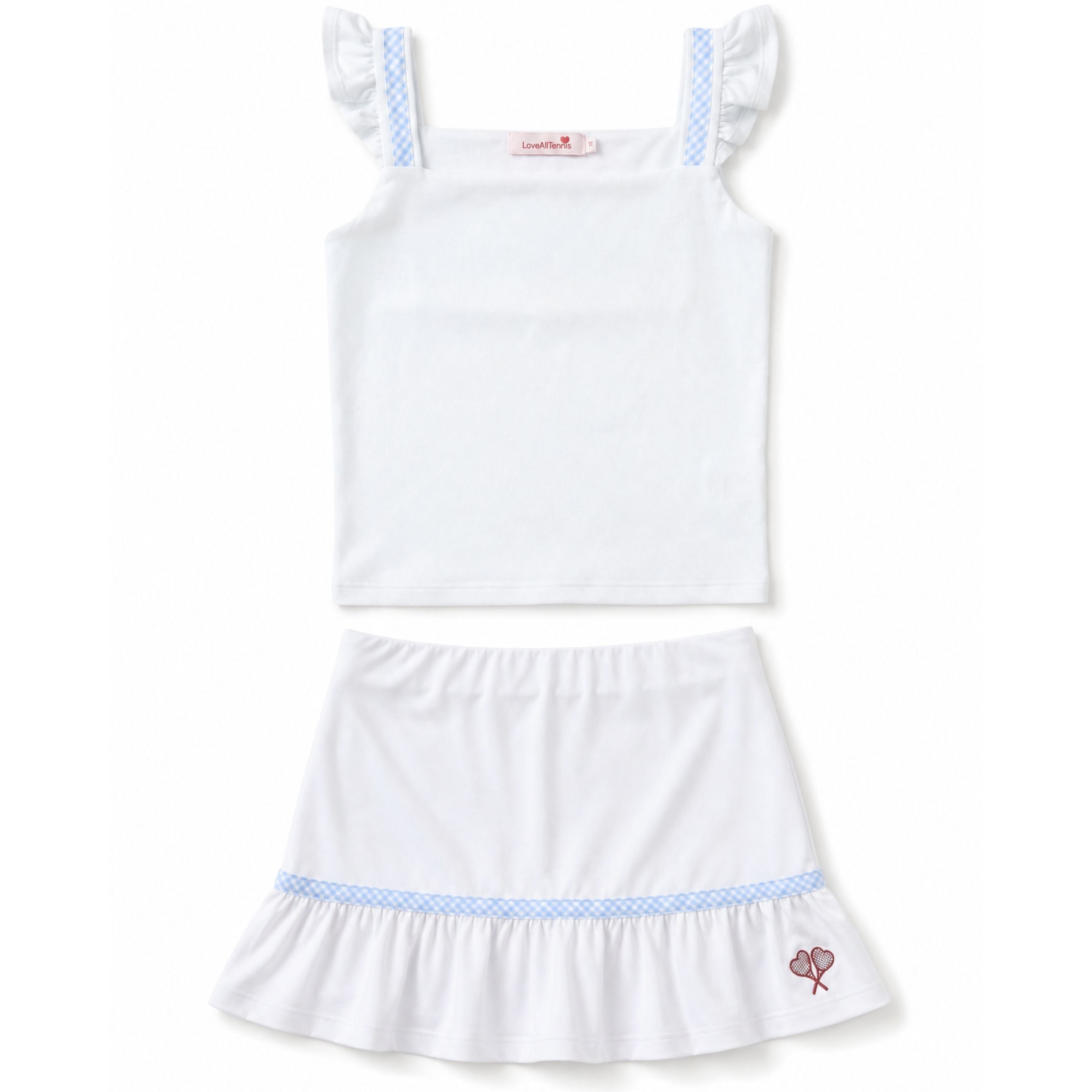 White dress with blue trim on a white background