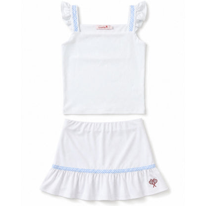 White dress with blue trim on a white background