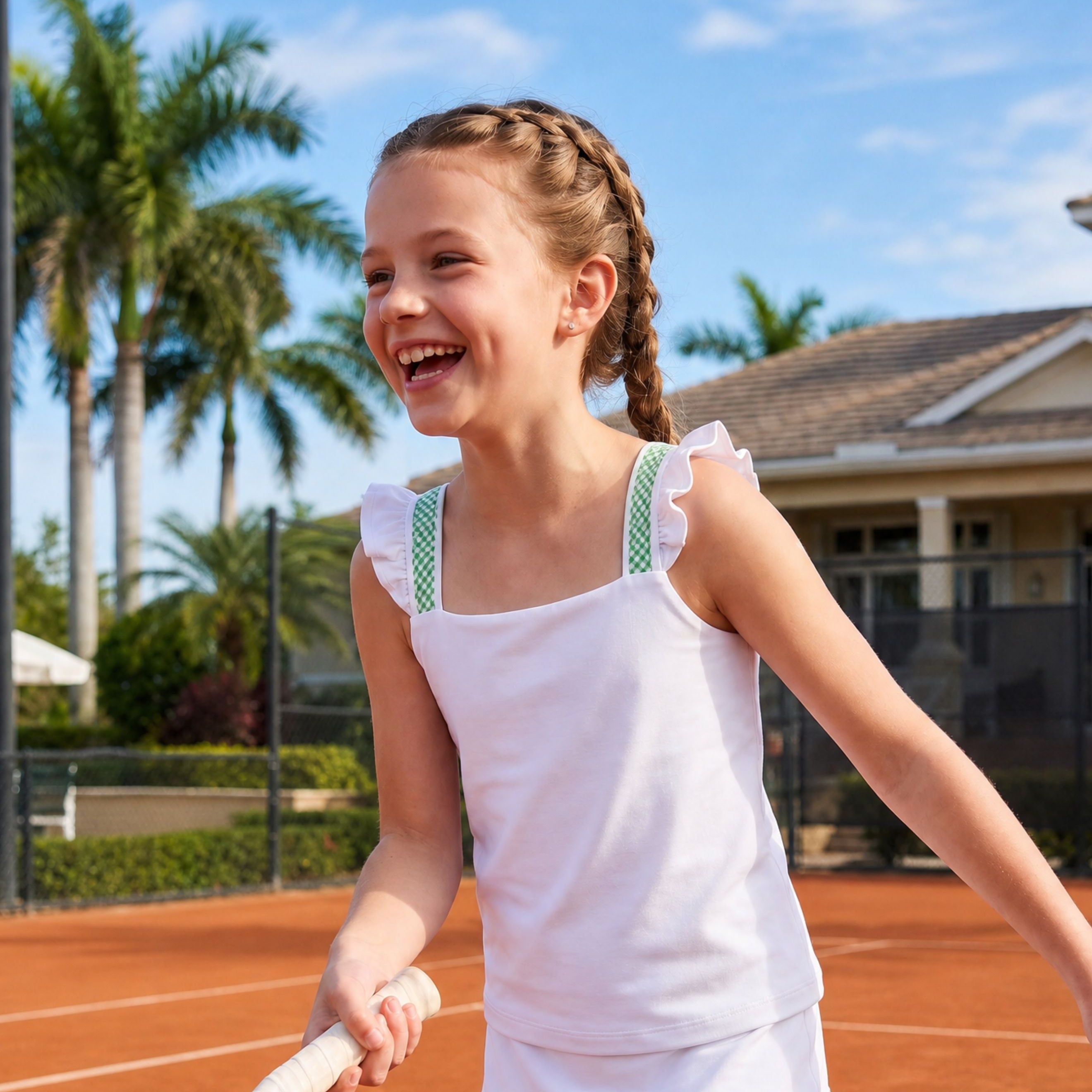 Young girl playing tennis on a clay court with palm trees in the background