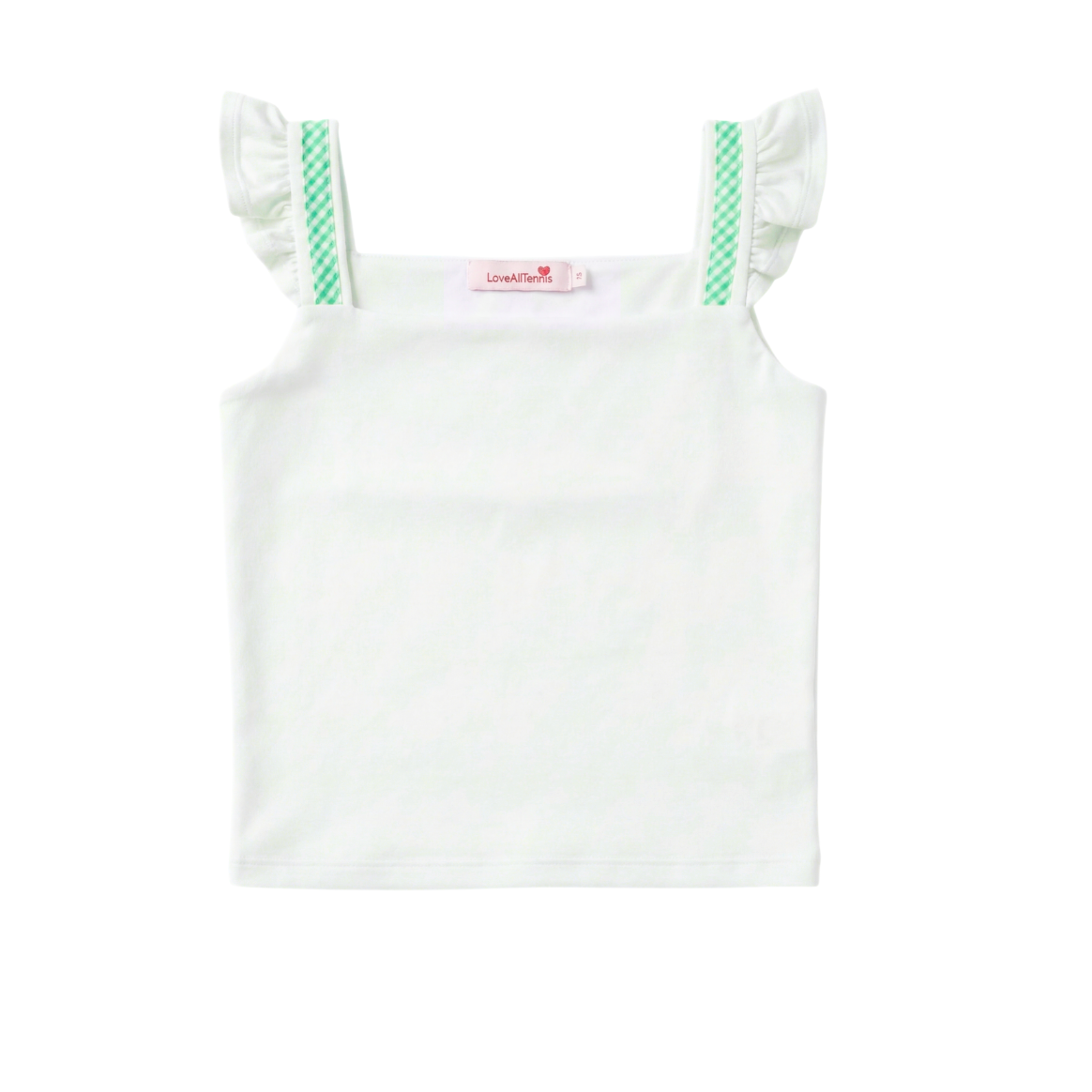 White tank top with green straps on a white background