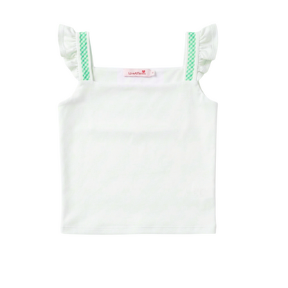 White tank top with green straps on a white background
