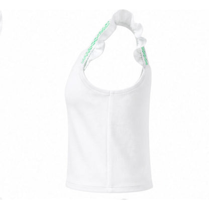White tank top with green accents on a white background
