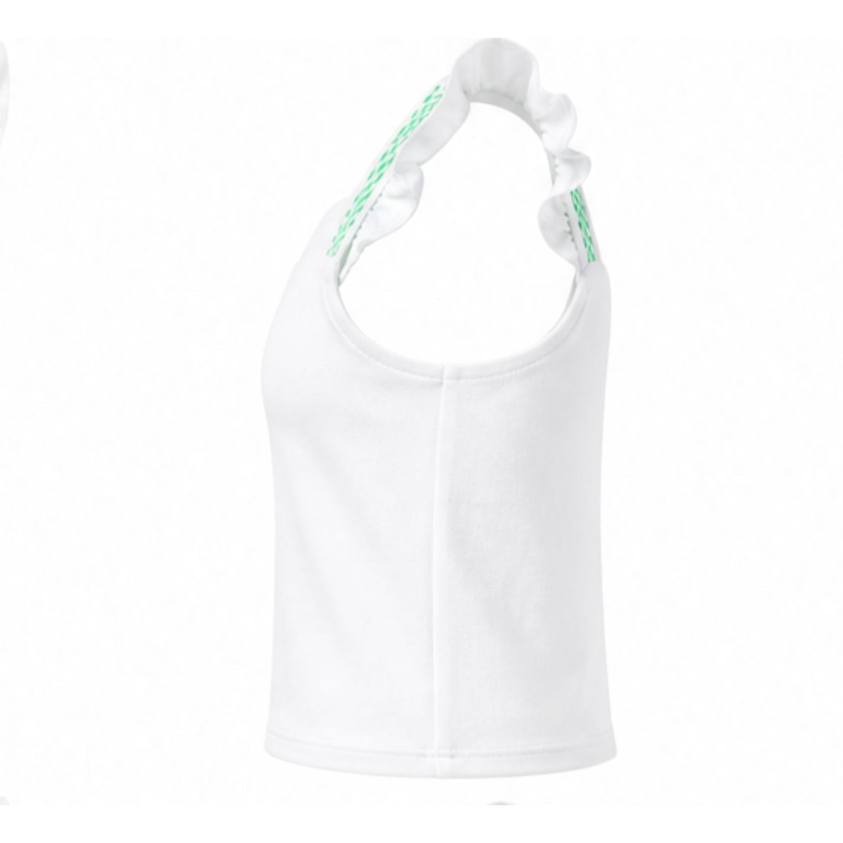 White tank top with green accents on a white background