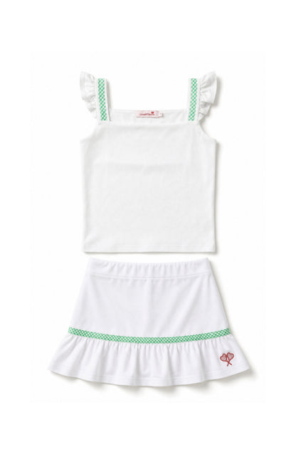 White dress with green trim on a white background