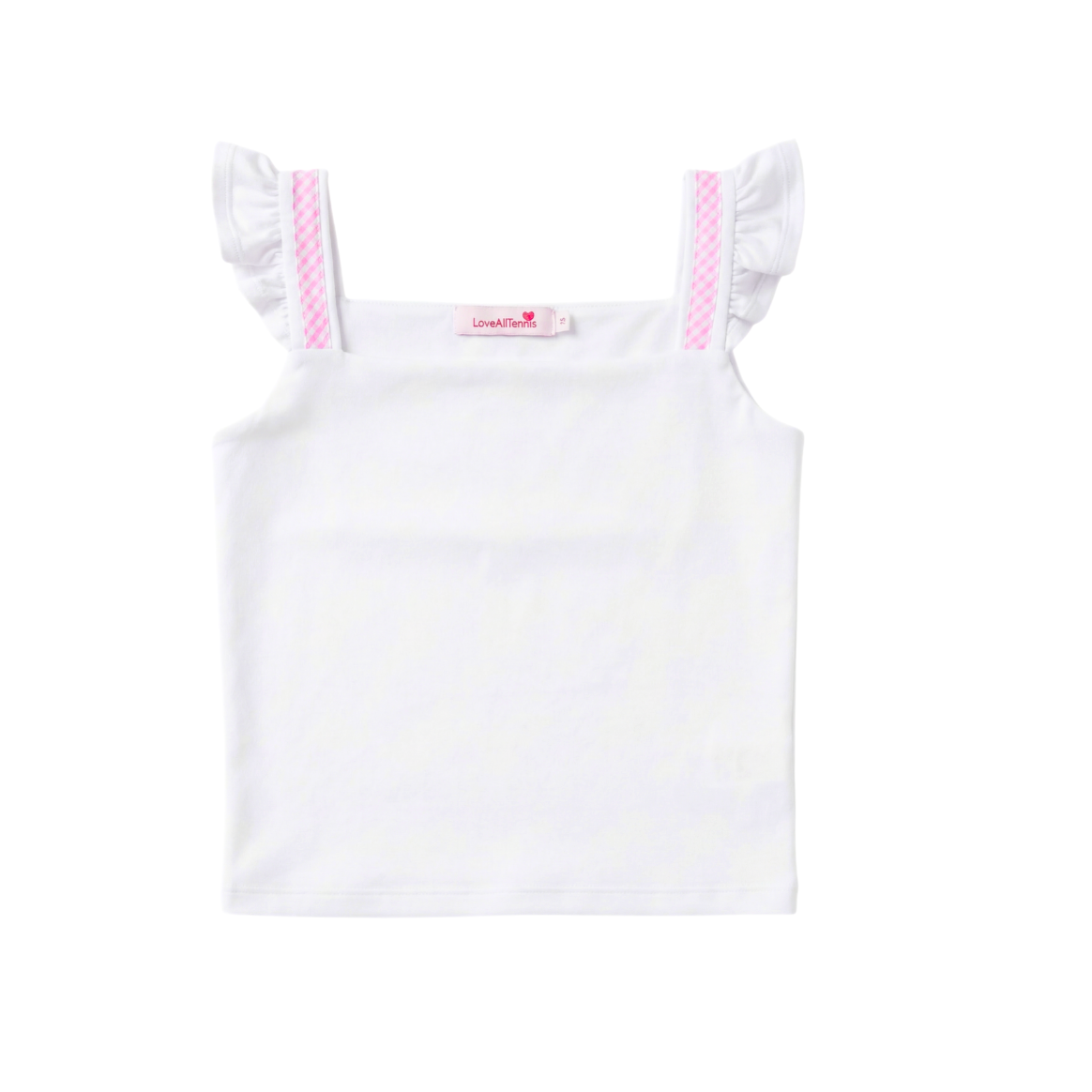 White tank top with pink straps on a white background