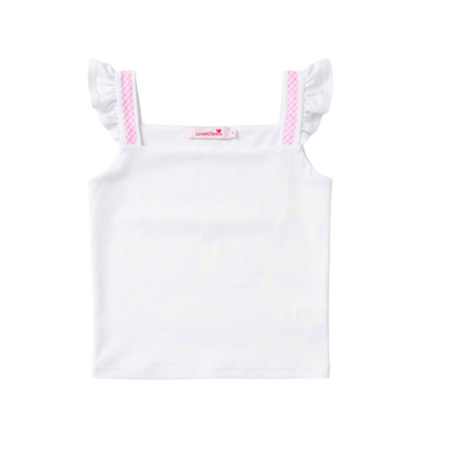 White tank top with pink straps on a white background