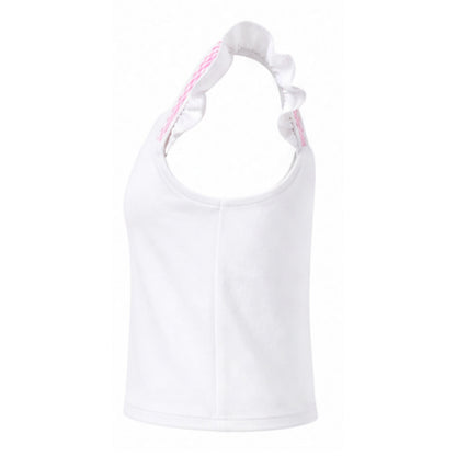 White tank top with pink accents on a white background