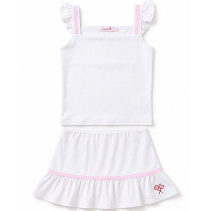 White dress with pink trim on a white background