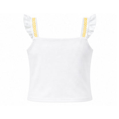 White top with ruffled straps and yellow accents on a white background