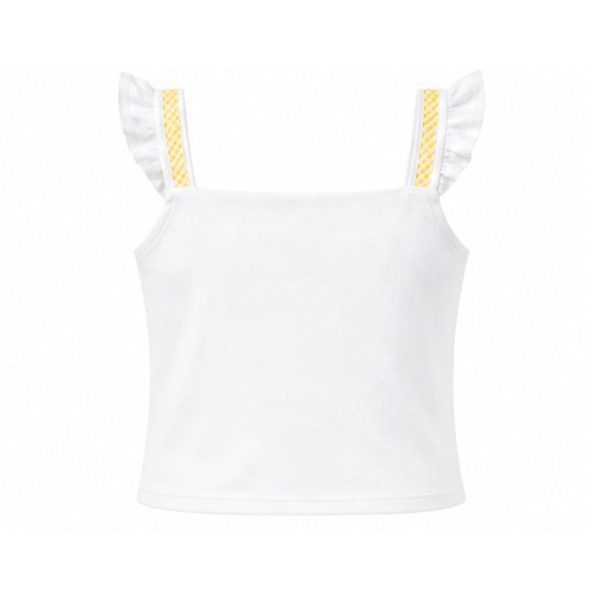 White top with ruffled straps and yellow accents on a white background