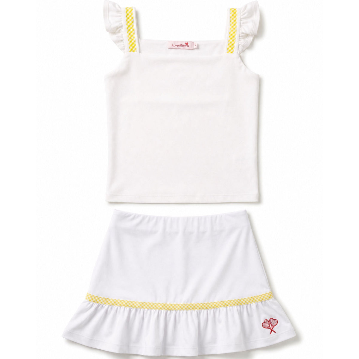 White dress with yellow trim on a white background