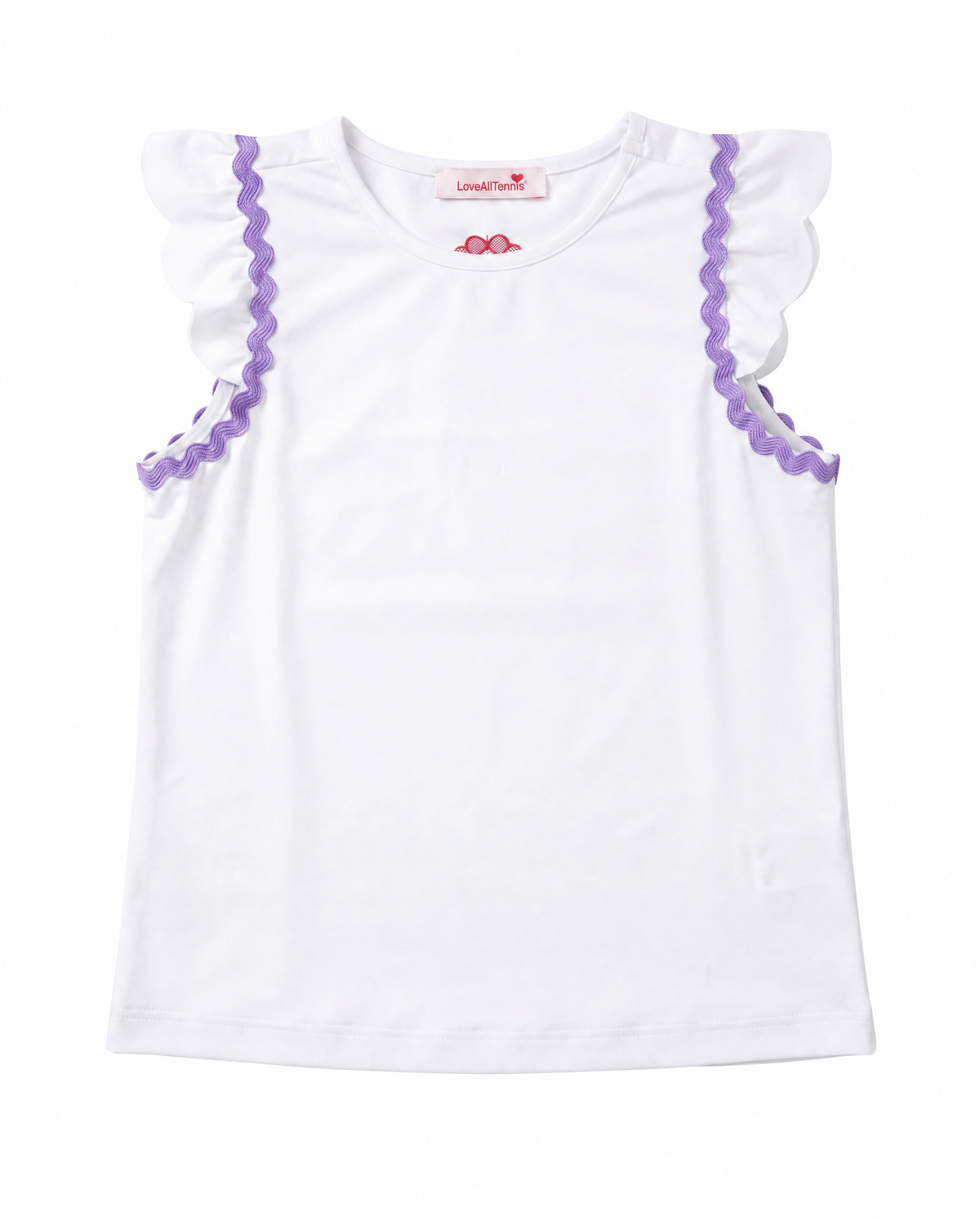 A white sleeveless children's top with purple scalloped trim along the shoulder yokes, featuring a round neckline.