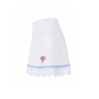 White skirt with scalloped hem and red flower design on a white background
