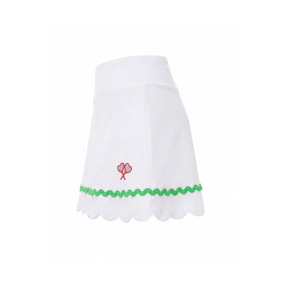White skirt with green trim and red flower design on a white background