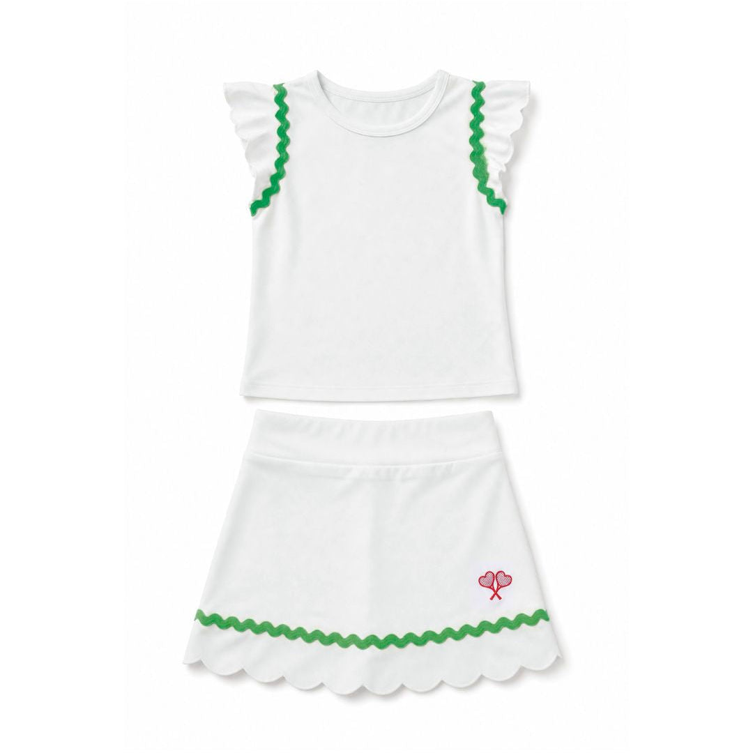White sleeveless top and skirt set with green trim on a white background