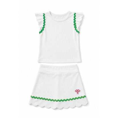 White sleeveless top and skirt set with green trim on a white background