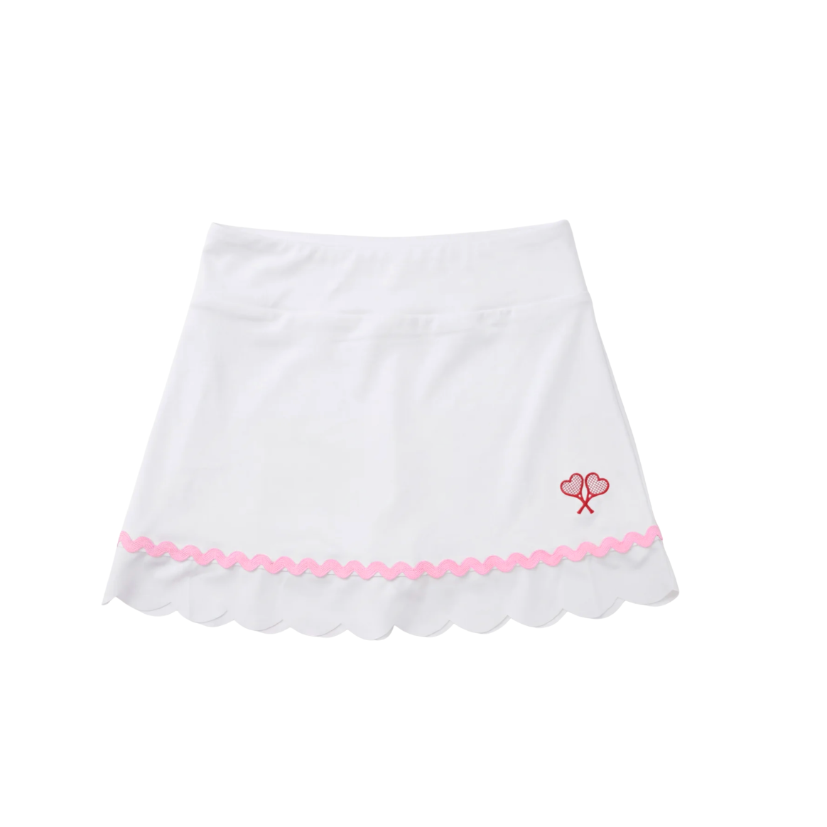 White skirt with pink trim and logo on a white background